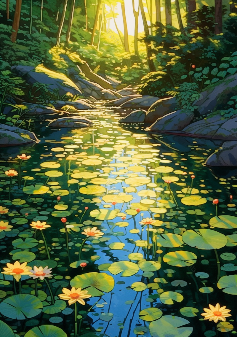绿色夏日黄昏里的荷花塘插画,插画/手绘图,插画/手绘图库,插画/手绘图下载,插画/手绘